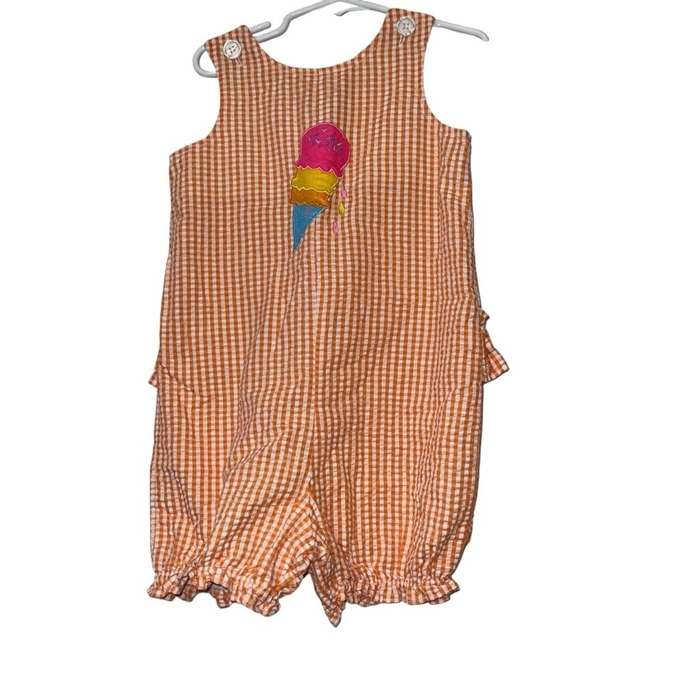 Vtg Parisian Kids toddler girls orange seersucker ice cream romper 4T ruffled
